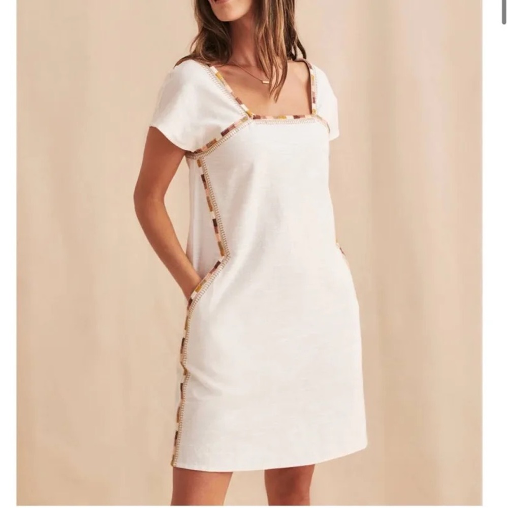Faherty White Mini Dress with Tan Accents